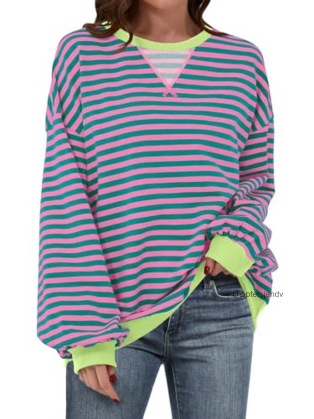 Oversized Striped Sweatshirt Crew Neck Long Sleeve Pullover